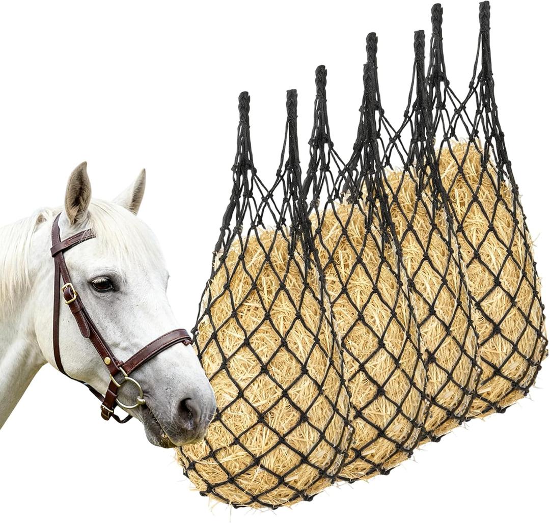 Klmnop 4-Pack Heavy Duty Slow Feed Hay Nets for Horses, 40" Hanging Hay Bags with 1.97" Small Holes, Regulate Feeding for Horse Goat Sheep in Stall Trailer Paddock(Black)