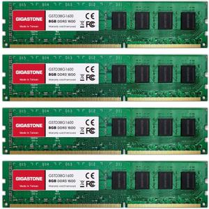 DDR3 RAM GIGASTONE 32GB Kit (4x8GB) DDR3/DDR3L 1600MHz (1333MHz) PC3-12800 (PC3-10600) CL11 1.35V/1.5V 2Rx8 UDIMM 240 Pin Unbuffered Non ECC High Performance PC Desktop Memory Upgrade