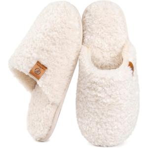 EverFoams Women's Fuzzy Slip-on Slippers Warm Cozy Soft Lightweight Memory Foam Indoor House Shoes (Beige, M)