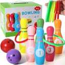 Dinhon Wooden Kids Bowling Set for Toddlers, Infants Ages 2-5 - 6 Pins & 2 Balls & 6 Ferrules, Educational Early Development Indoor Outdoor Games for Boys, Girls