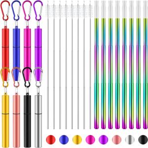 Zubebe 8 Pack Metal Reusable Straw Collapsible Straws Stainless Steel Drinking Straw with Plastic Case Silicone Tip and Cleaning Brush and Keychain Long Telescopic Portable for Travel Work