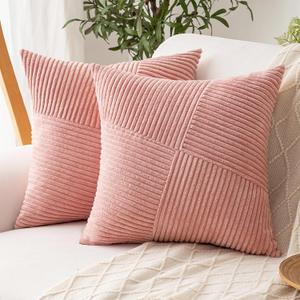 Decorative Throw Pillow Covers 16x16 Inch Set of 2 for Boho Living Room Farmhouse Home Decor, Spring Pillow Covers for Couch Bed, Soft Corduroy Striped Patchwork Cushion Cases, Blush Pink