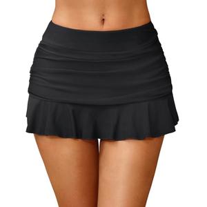 Tempt Me Women Black Ruched Ruffle Swim Skirt - 2025 Mid Rise Tummy Control Bikini Swimsuit Bathing Suit Skirt Bottom L