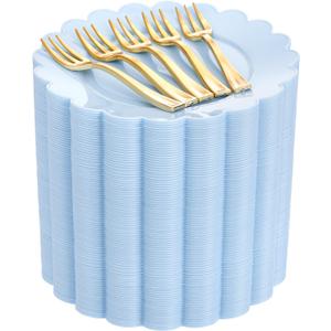 LIYH 100 Pcs Ivory Plastic Plates with Gold - Dessert Plate 7.5" Disposable Scalloped Fancy Gold Plastic Plate, Baby Shower Cake Plates Mother's Party Tableware Dishes