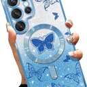 AIGOMARA Phone Case Made for Samsung Galaxy S25 Ultra [Wireless Charging Compatible] Butterfly Design Soft TPU Glitter Bling Case Shockproof Anti-Scratch Phone Cover for Women - Blue