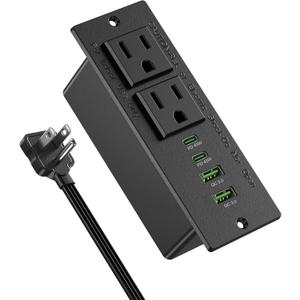 45W USB C Recessed Power Strip,Flush Mount Desk Recessed Outlet,Space-Saver for Furniture Side Table,2 USB-C &2 USB-A Ports,2 AC Outlets,6ft Cord,Ultra Thin Flat Plug