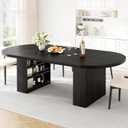 Jocoevol 70.8" Dining Table for 6-10 People, Oval Dining Room Table with 3-Tier Storage Shelf, Modern Black Kitchen Tables with Heavy Duty Pedestal Base for Home, Dining Room, Black, 70.8IN