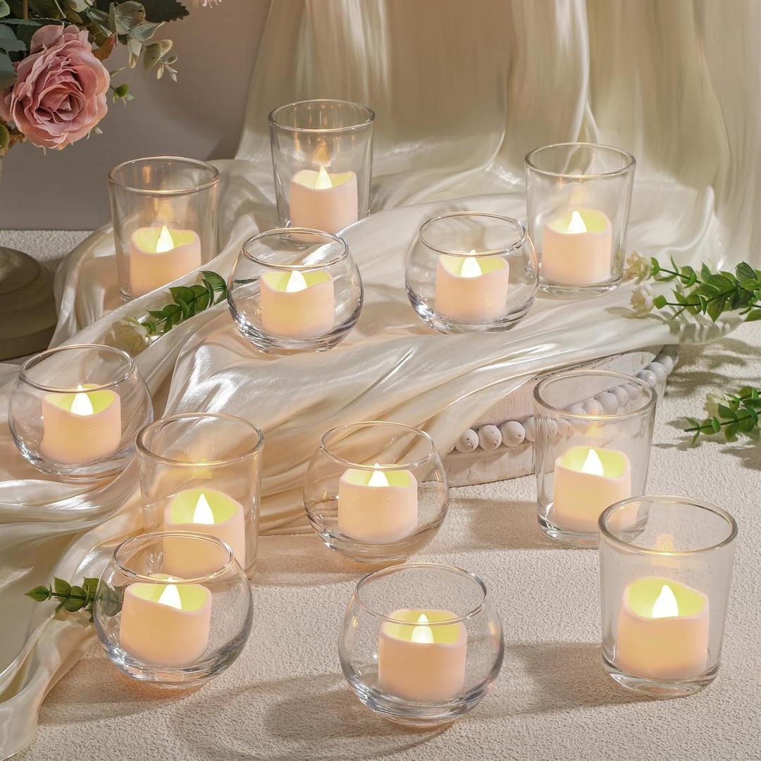 Funnymoom 12 Set Assorted Votive Candle Holders with LED Tea Light Decorative Mercury Glass Votive Tealight Holder Flameless Battery Operated Wedding Centerpieces Bridal Party Table Decoration (Clear)