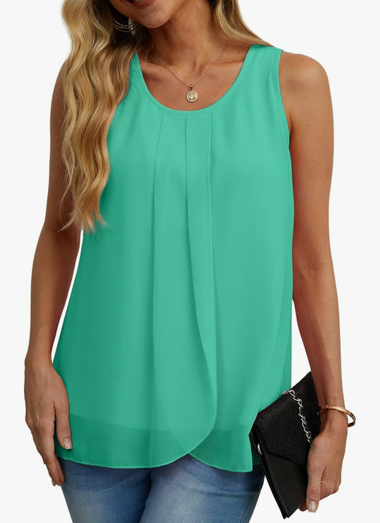 IWOLLENCE Womens Summer Tank Tops Sleeveless Chiffon Double Layers Blouse Loose Round Neck Casual Shirts, Size XL