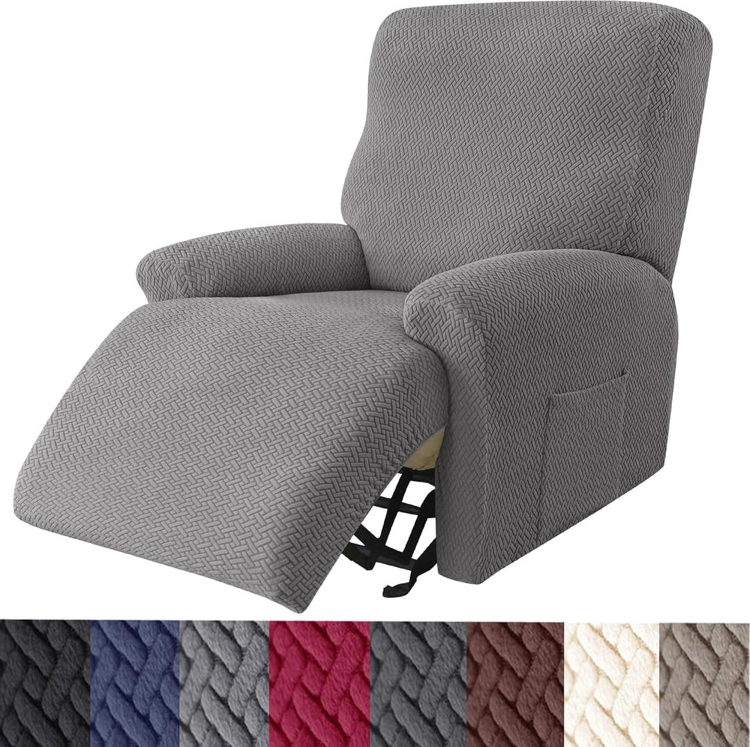 HFCNMY Recliner Chair Covers,4 Pieces Stretch Jacquard Recliner Chair Cover Washable Recliner Slipcovers Chair Covers for Recliners with Elastic Bottom Gray (1 Seat, Grey)