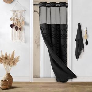 No Hooks Stall Shower Curtain with Snap in Liner- Water Repellent Tufted Chevron Striped Shower Curtains for Bath Tubs, Narrow Hotel Quality Bath Curtain Set, 36Wx74H, Black