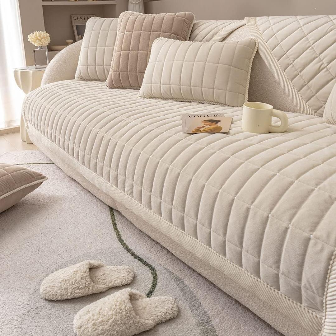 vctops Velvet Plush Plaid Quilted Sofa Cover Super Soft Non Slip Sectional Couch Cover Farmhouse Fluffy Fuzzy Sofa Slipcover Furniture Protector for Dogs Cats Pet (Cream,36"x70")