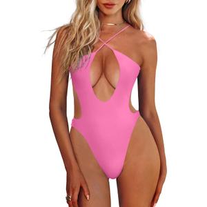 HYPERFIRE Women's Sexy Criss Cross Halter Bathing Suit Cut Out Backless Monokini Swimsuits One Piece (Large, Pink)