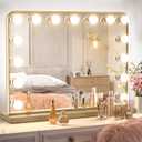 Keonjinn Gold Vanity Mirror with Lights, 15 Replaceable Bulbs Hollywood Makeup Mirror with 2 Replacement Bulbs, 3 Color Lights, Aluminum Metal Frame, USB Charging Port, 23" x 18" Large Lighted Mirror