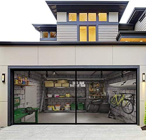 Fiberglass Magnetic Garage Screen Door - Double 16x7ft (2 car) Hands Free Mesh Screen DoorDIY Retractable Garage Door Screen with 6 Roll Up Starps (Fit 16 Ft W * 7 Ft H-A)
