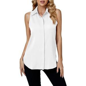LYANER Women's Casual Collar Sleeveless Button Down Tank Top Blouse Shirt (Large, White)