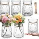 Bokon 6 Pcs Plastic Vases Bulk for Centerpieces Table, 6.3 in Bud Vases in Bulk, Mini Clear Planter for Flower with Rope Design and Plant Containers for Wedding Dinning Home Decoration (Clear)