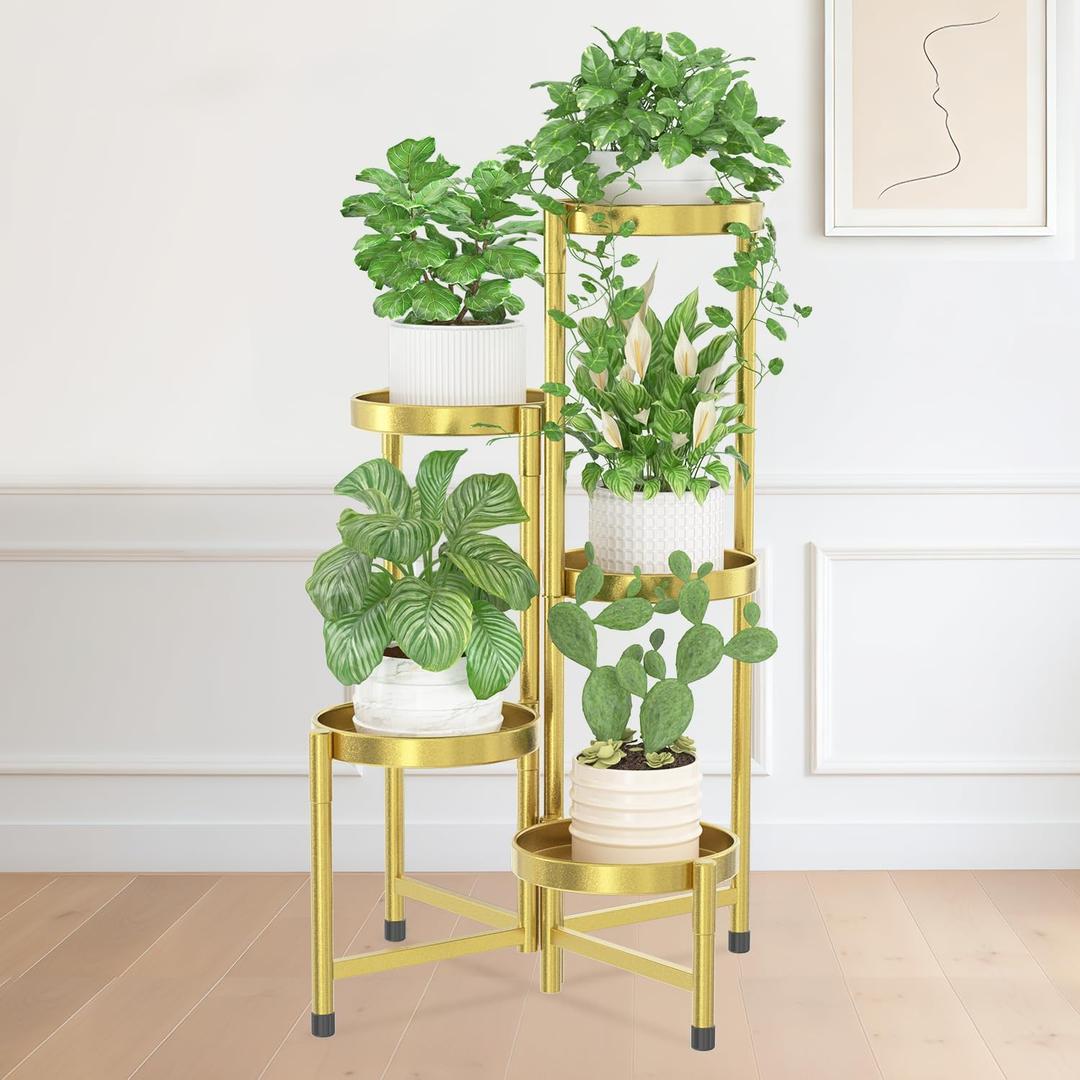 iDavosic.ly Plant Stand Indoor Outdoor, 5 Tier Corner Metal Flower Display Holder Shelf, Folding Tall Orchid Rack for Patio Balcony Porch Garden Living Room House, Gold
