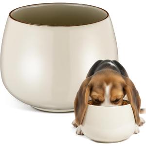 1 Pack 37 oz Ceramic Dog Bowl for Large Dogs with Long Ears No Spill Water & Food Pet Bowl Cocker Spaniel Beagle Bassett (Beige)