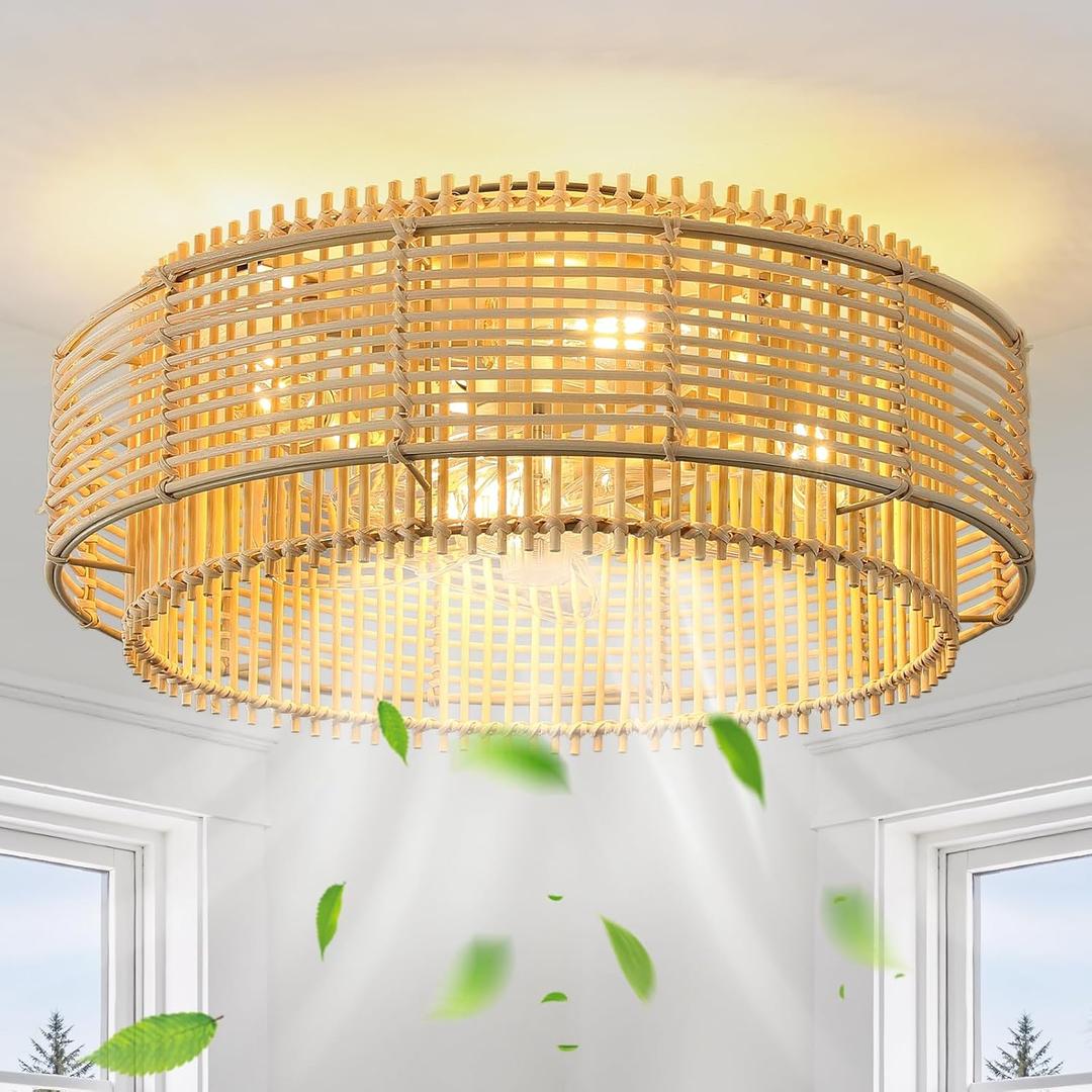 Rattan Boho Ceiling Fans Lights: 19.3'' Low Profile Layered Ceiling Fans with Light & Remote Control Flush Mount Modern Fandelier with Reversible 6 Speeds for Bedroom, Nursery, Living Room, E26 Base