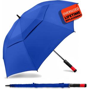 SIEPASA Golf Umbrella Large 62 Inch Automatic Open Golf Extra Large Oversize Double Canopy Vented Windproof Waterproof for Men and Women.(Royal Blue, 62",Red Handle)