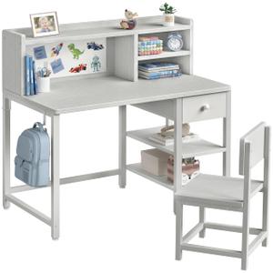 BOLUO Grey Kids Desk and Chair Set with Hutch and Storage Shelf for 6-12 Year Old, Children Study Desk, Student Writing Table with Fabric Drawer for Girls Boys