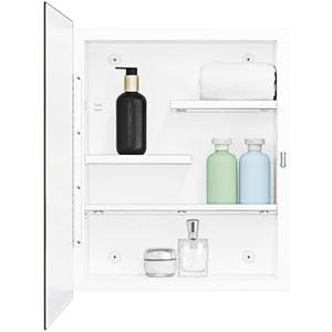 White Metal Medicine Cabinet, 16 x 20 Beveled Mirror, Surface Mount Storage | Beveled Mirror Bathroom Cabinet with Adjustable Staggered Shelves, Piano Hinge, Left/Right Swing & Matte White Powder Coating