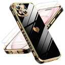 LeYi for iPhone 15 Case: with Tempered Glass Screen Protector [2 Pcs]+ Full Camera Lens Protection,Love Heart Plating Women Cute Luxury Soft TPU Shockproof Case for iPhone 15 Black
