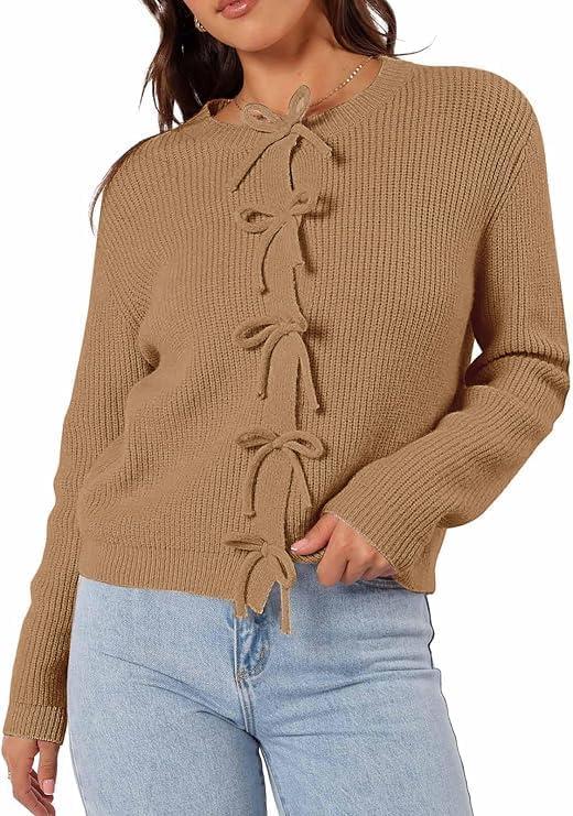 Women's Cardigan Sweaters Bow Button Down Cardigans Fall Fashion Clothes Knit Tie Open Front Coats (XL)