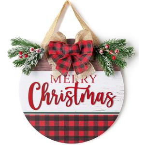 Christmas Sign for Front Door Wall Decor - Walasis Merry Christmas Signs Hanging for Indoor with Buffalo Plaid Bow Farmhouse 12 inch Red Xmas Wreath Hanger Decorations