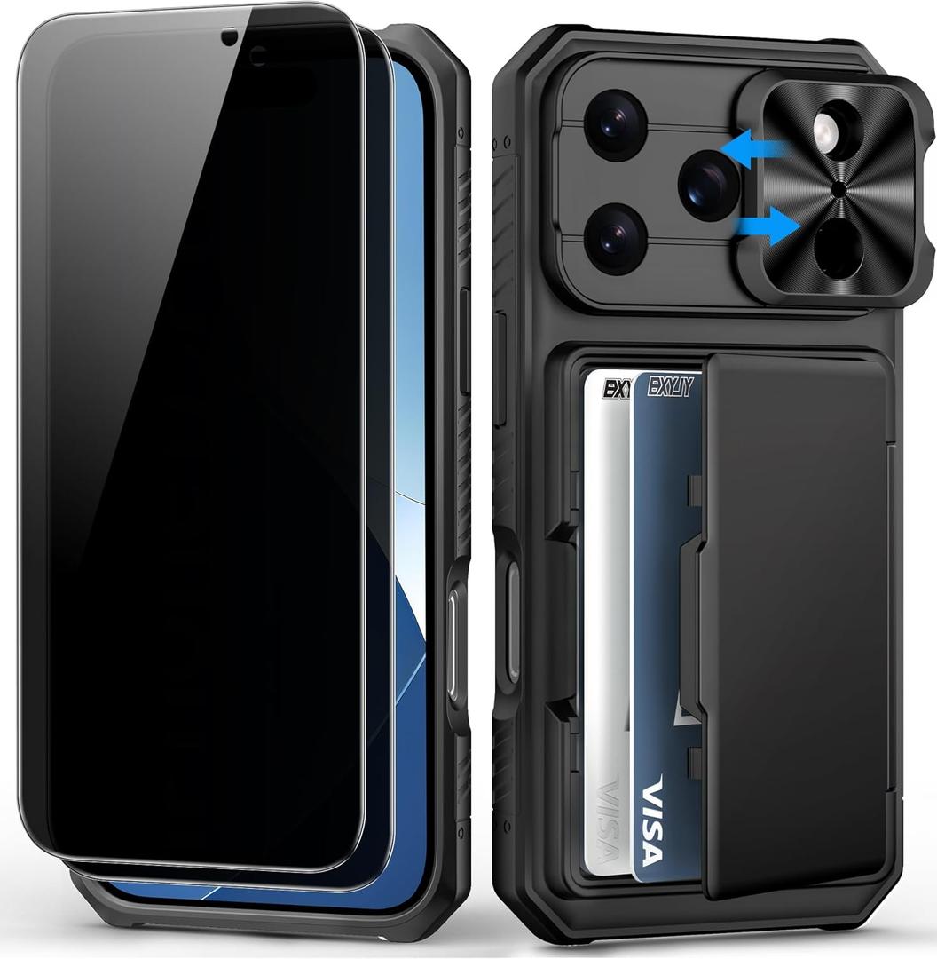 for iPhone 17 Pro Case Wallet，2 Privacy Screen Protectors, Card Holder (4-5 Cards), Slide Camera Cover, Military Grade Drop Protection, Heavy Duty Men Women Phone Case for iPhone 17 Pro, Black