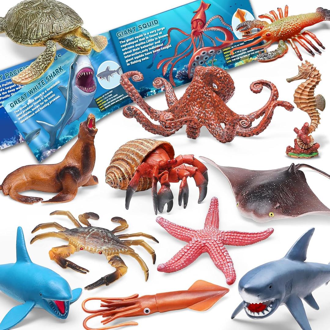 12 Pack Ocean Animal Toys with Educational Booklet for Kids, Realistic Soft Plastic Creatures Model Figures for Toddler Boys Girls, Under the Sea Party Favor, Birthday Gifts Water Table Toy