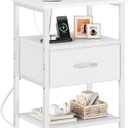 Vagusicc Nightstand with Charging Station, Bed Side Table with Adjustable Fabric Drawer, Night Stand for Bedroom, 3-Tier Storage End Table, End Tables for Living Room, White (23.8"H x 15.4"D x 11.5"W)