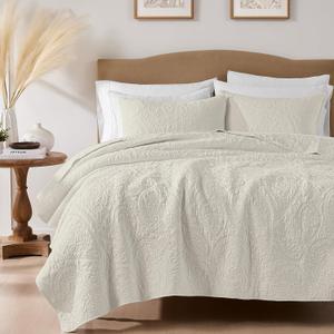palassio Beige Paisley 100% Cotton Quilt King Size Bedding Sets with 2 Pillow Shams, Boho Floral Lightweight Farmhouse Country Vintage Soft Bedspread Shabby Chic Coverlet for All Season, 3 Pieces