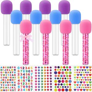 12 Pcs Microphone Candy Tubes Kpop Themed Birthday Party Decor 10'' Fake Plastic Microphone Prop Toy with Stickers for Karaoke Disco Singer Stage Favors, Candy Not Included (Purple, Pink, Blue)