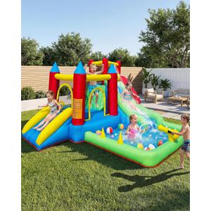 9-in-1 Kids Bounce House Ages 36, Inflatable Bouncy Castle with Water Slide for Wet or Dry Play, Plus Trampoline, Climbing Wall, Ball Pit & Play Cannon for Indoor/Outdoor Fun
