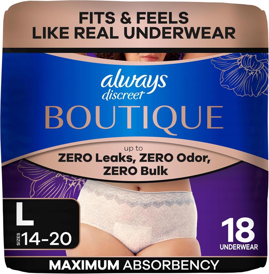 Always Discreet Boutique Incontinence and Postpartum Underwear for Women, Maximum Protection, Large, Rosy, 18 Count