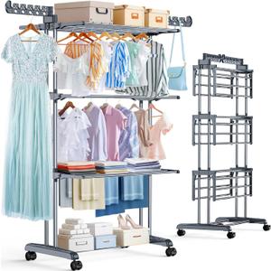 Upgraded 4-Tier Clothes Drying Rack, Drying Rack Clothing with Wheels
Large Foldable Laundry Drying Rack, Clothes Rack with Side Hooks for Indoor Outdoor Air Drying, 19.68"D x 29.9"W x 67.7"H
