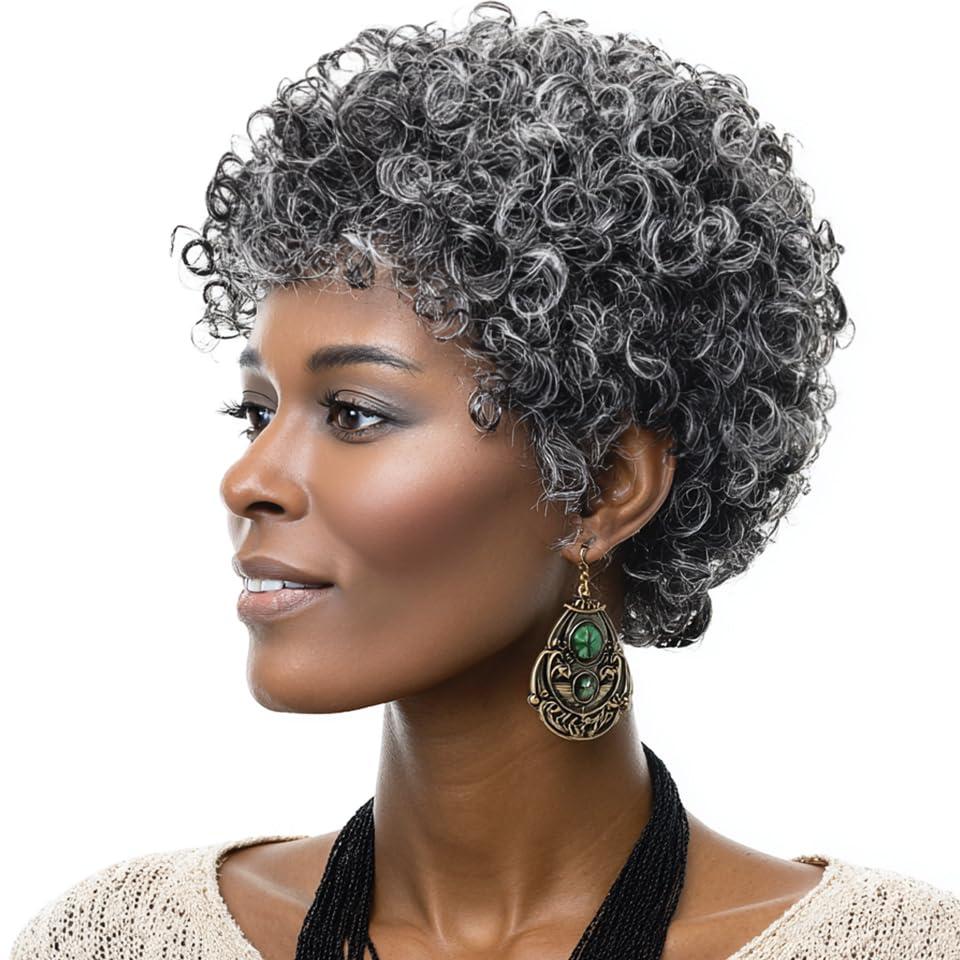 150% Density Short Black And Gray Wigs For Women Grey Curly Wig Salt And Pepper Curly Bob Curly Glueless Wig Short Hair Afro Wigs Glueless Wigs Human Hair Pre Plucked Pre Cut No Knots And No Hair Loss