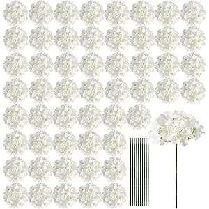 64 PCS Hydrangea Artificial Flowers - Faux Hydrangeas Full Realistic Silk Flowers Heads with Stems for Wedding Centerpiece Home Garden Baby Shower Party Decoration (White)