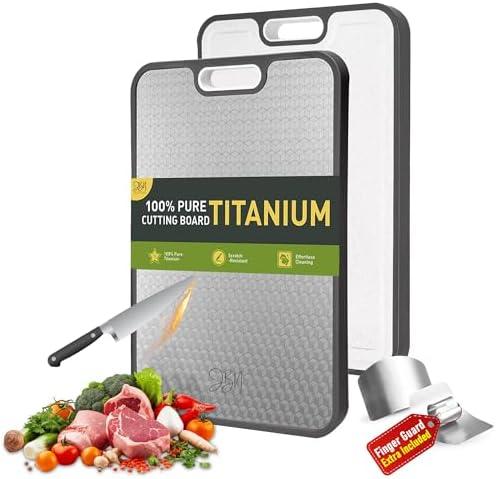 Pure Titanium Cutting Board for Kitchen - Non Toxic Double Sided Chopping Board for Meat & Vegetables, Dishwasher Safe, Non Slip Wheat Straw PP Back, with Stainless Steel Finger Guard, 16”×11” Large