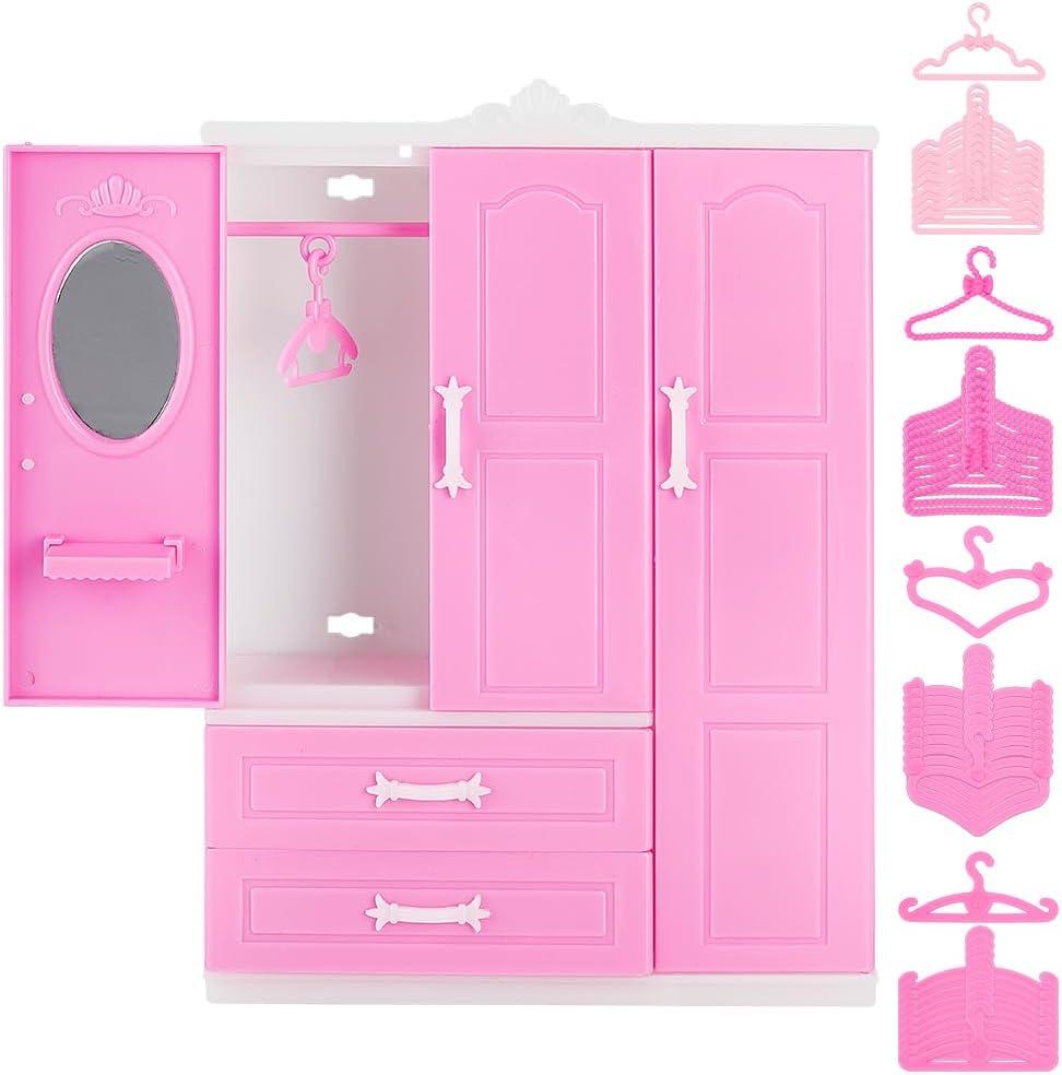 PH PandaHall Mini Closet Furniture Wardrobe Clothing Organizer Open Wardrobe with 40PCS Clothes Hangers 4 Styles Pink Miniature Hangers Mini Furniture Clothing Organizer