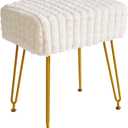 IBUYKE Rectangular Footrest Stool Ottoman, Makeup Vanity Stool Side Table, Velvet Dressing Table Seat, Footstool Chair, Golden Steel Legs, for Makeup Room, Bedroom, Square Grid Pattern, White WBD003W