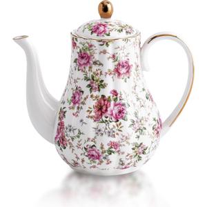 Tea Pot, Porcelain Teapot 37oz,tea pots for tea party,Tea Infuser Pots for Blooming loose Leaf Tea (White with Flower)