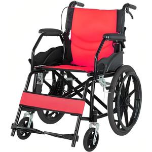 Lightweight Wheelchair with Swing-Away Footrests and Flip-Back Arms, Portable Folding Transport Wheelchair or Adults & Seniors with Brake for Storage and Travel Use, 17 Inch Seat,300 Lbs (Red)