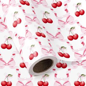 WRAPAHOLIC Cherry Bow Wrapping Paper Roll - Mini Roll - 17 Inch x 16.5 Feet - Coquette Cherry Bow Wrapping Paper Perfect for Girl Birthday, Valentine's Day, Bachelorette