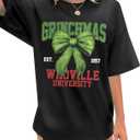 Merry Christmas Oversized Shirts Women Ugly Christmas T Shirts Xmas Bow Graphic Holiday Short Sleeve Tops (Black) XL