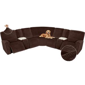 Arfntevss Sectional Recliner Couch Covers Velvet Washable Corner Sectional Sofa Cover for Reclining Couch Stretch Soft Thick L Shape Recliner Slipcover Set (5 Seat with 2 Console Cover, Dark Brown)