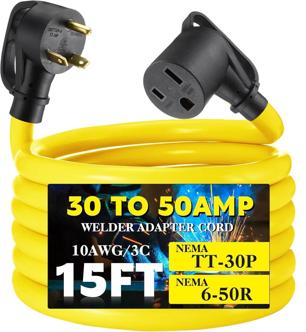 Tellegloww 15Feet TT-30P to 6-50R Welder Adapter Extension Cord Compatible with NEMA, 30Amp to 50Amp 3 Prong Generator RV to 3 Prong Welder Adapter, STW 10 AWG/3C, 250V 7500 Watt, ETL Listed