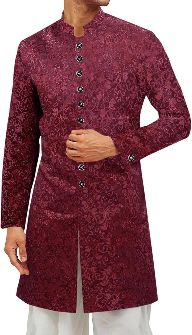 Runcati Men's Kurta Sherwani Coats Kaftan Indian Ethnic Royal Suits Mandarin Collar Wedding Festive Party Blazer (Red) Large